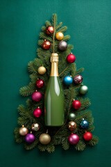 A festive and stylish Christmas tree is artfully arranged, incorporating a bottle of champagne. Adorned with glittering ornaments, this seasonal still life exudes an elegant holiday cheer.
