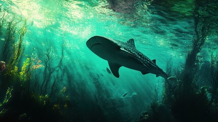 Majestic Whale Shark Gliding Gracefully Through Sunlit Waters of Ocean Depth