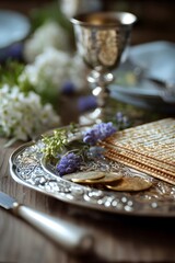 Fototapeta premium A detailed still life of a Passover Seder plate and cup, celebrating tradition. A textured silver platter, accompanied by matzah and flowers, evokes a sense of history and religious devotion. 