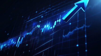 Digital graph with glowing arrow pointing upward, business and finance concept