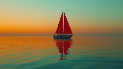 Fototapeta premium A red sailboat glides peacefully on calm, reflective water, with sunset hues above. Use to evoke feelings of serenity, travel, or a peaceful escape.