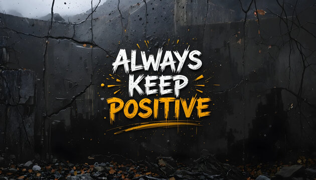 Bold motivational quote "ALWAYS KEEP POSITIVE" displayed on a cracked dark wall, symbolizing resilience, strength, and optimism, with striking white and yellow typography for an impactful visual state