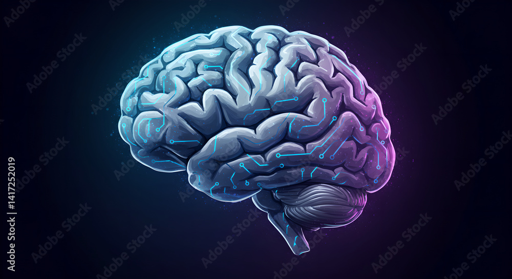 Poster Digital brain with glowing circuit lines. Artificial intelligence concept for medical research. Brainpower and information technology for science projects and presentations.