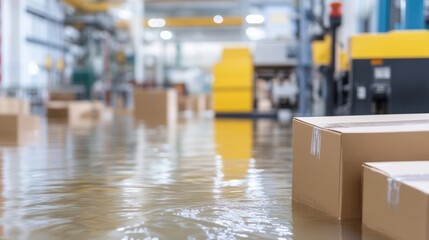 Flooded industrial factory cardboard boxes submerged in water damage disaster recovery and business interruption insurance concept with blurred manufacturing equipment background 