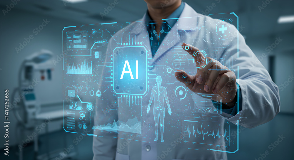 Poster a male doctor interacting with a digital interface showing health data and artificial intelligence c