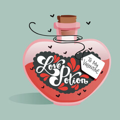 Love potion vector set in flat design. Love potion bottle with heart inside. Love element. Valentine element clipart in cartoon style isolated on white background