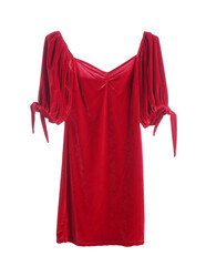 Stylish red dress hanging on rack against white background
