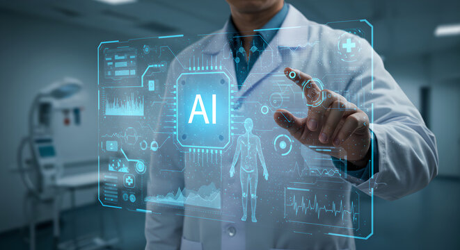 a male doctor interacting with a digital interface showing health data and artificial intelligence chip. concept of technological medicine and healthcare innovation. for medical technology.