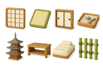 Traditional japanese interior 3d icon set: shoji, tatami, fusuma, zen garden, pagoda, table, futon, bamboo