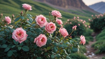 Obraz premium Lush pink rose bushes blooming in mountain garden landscape