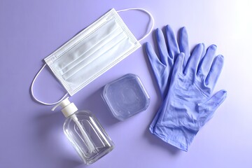 Protective Essentials: Mask, Gloves, and Sanitizer, arranged neatly. This image of medical supplies, hygiene and protection during a public health crisis.