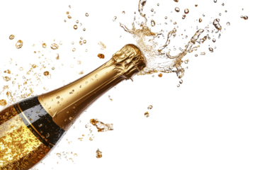 Champagne bottle popping with dramatic splash effect beautifully isolated on a clean white background