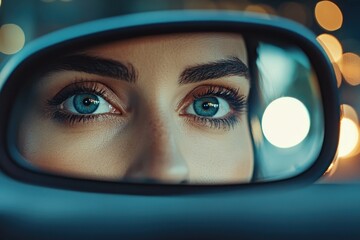 Close up of a woman's blue eyes reflected in the rearview mirror. Use this for safety campaign, beauty ads or pensive mood concepts.