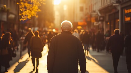 Man walking city street sunset crowd urban life