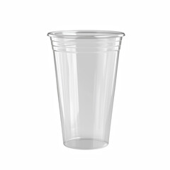 Transparent disposable plastic cup, empty and standing upright on a clean white background, commonly used for cold beverages or takeaway drinks, isolated on transparent background.
