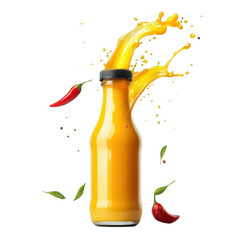Spicy chili hot sauce splashing out from glass bottle perfect for fiery food product visuals