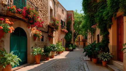 Fototapeta premium Sunlit Mediterranean Street with Terracotta Buildings and Vibrant Flowers