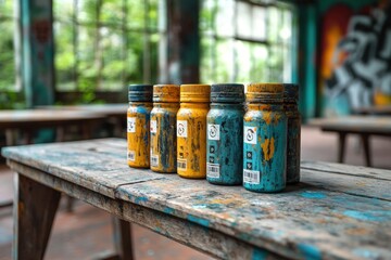 Fototapeta premium Row of paint bottles on a wooden table in an abandoned building.
