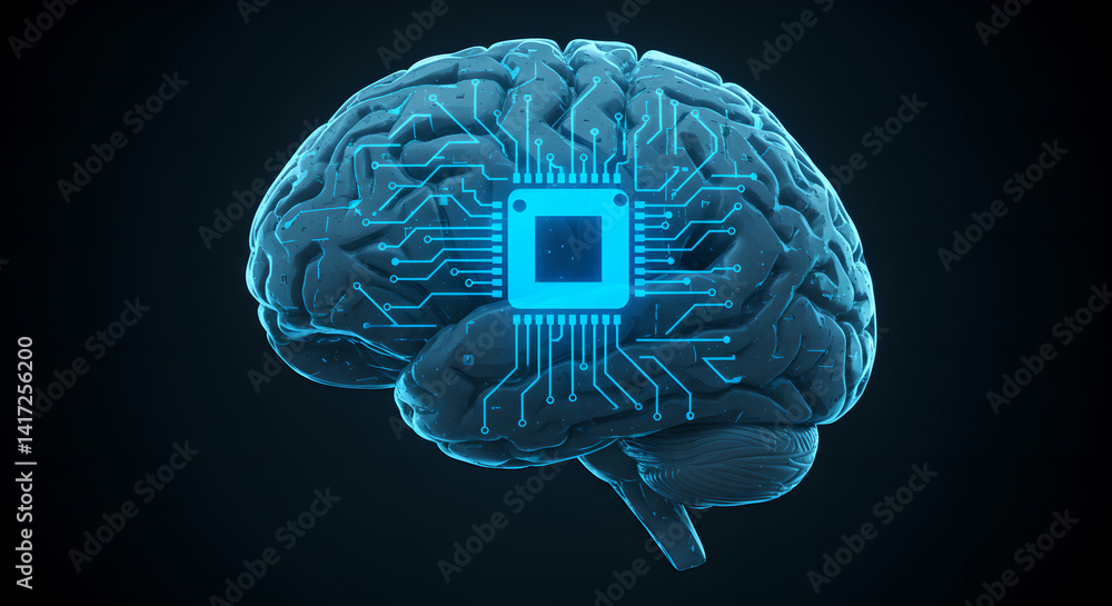 Poster futuristic digital brain with glowing circuit board, intelligent bionic system. idea of artificial i