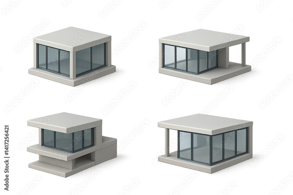 Poster modern architecture 3d icons set featuring minimalist building designs
