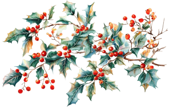 Holly plant with red berries isolated on white background ideal for winter holiday and Christmas graphics