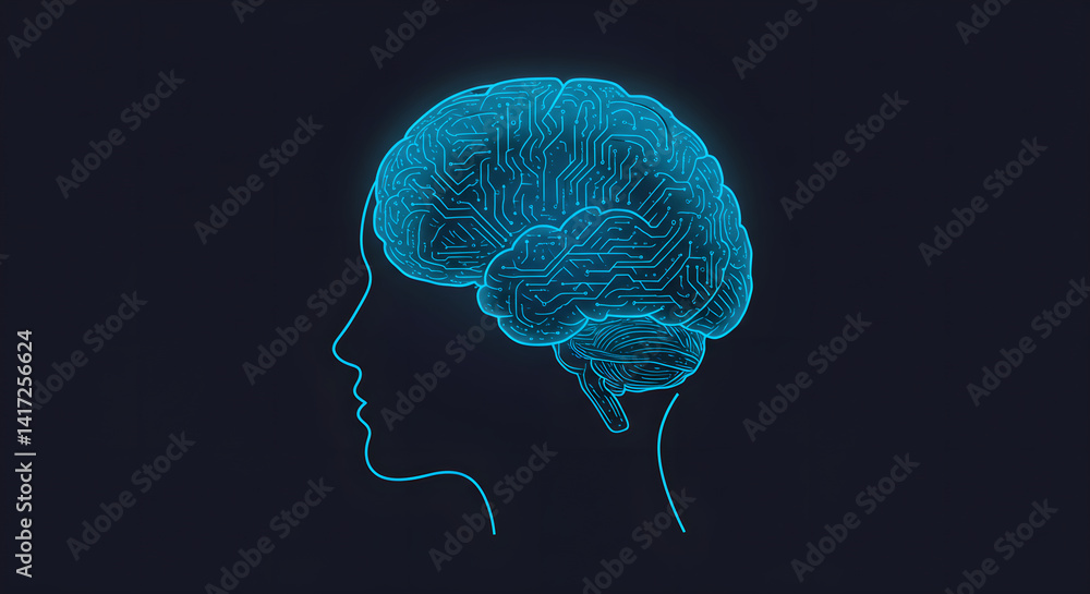 Poster blue glowing circuit pattern inside a brain outline, symbolizing artificial intelligence, technology