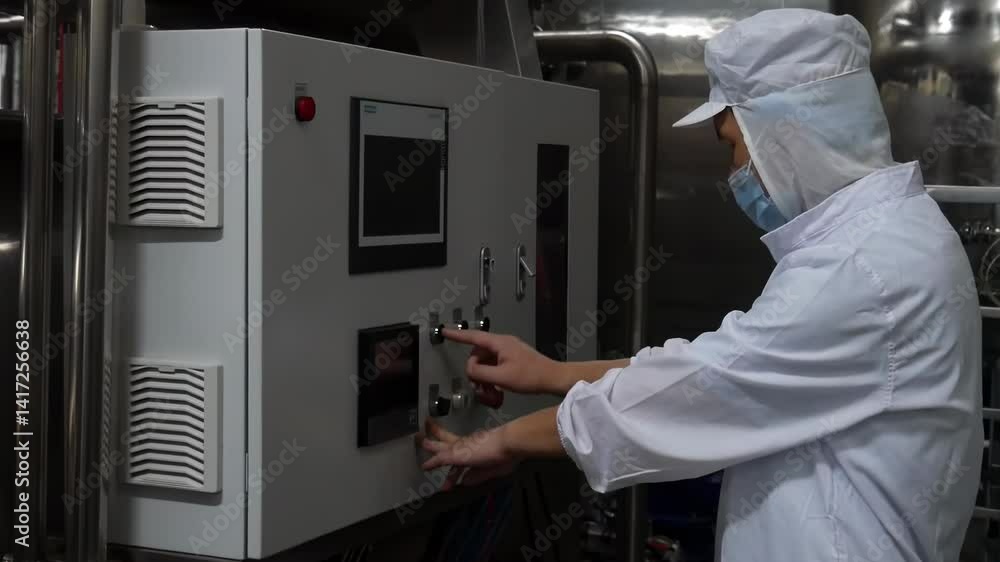 Poster factory inspector engineer man checking automated machinery in food production facility to quality c