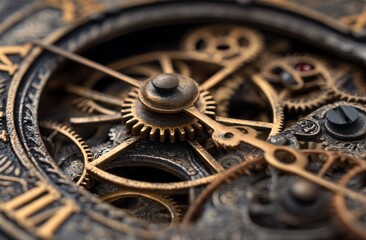 Intricate Clockwork Gears: Precise Mechanism, Detailed Close-up of Antique Timepiece's Internal Components, Golden and Dark Metal Texture