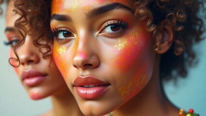 Obraz premium Close-up Portrait of Two Women with Vibrant Face Art