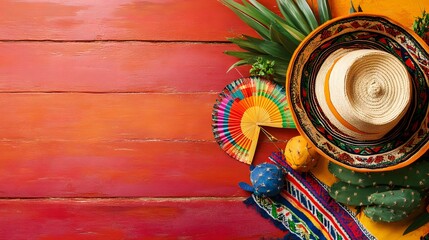 A vibrant fiesta scene is beautifully arranged on a vivid wooden surface, displaying a traditional sombrero, alongside maracas, fan, cactus and colorful textile. Evoking the spirit of joy.