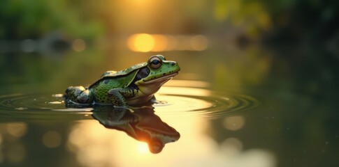 Frog taking a leisurely swim in a serene pond at dawn, landscape, peaceful