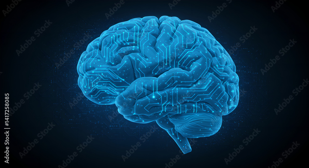Poster illuminated blue digital brain with circuitry overlay on a dark background, representing artificial 
