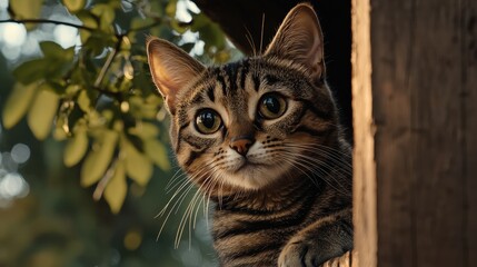 Curious cat observing nature from a tree outdoor garden animal portrait lush environment close-up view whimsical concept