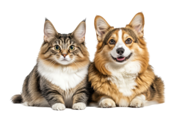 Close up of corgi and tabby cat sitting together isolated on white for pet themed designs