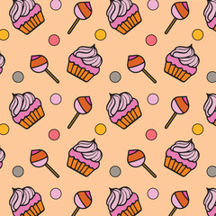 Hand drawn cupcake doodle seamless pattern