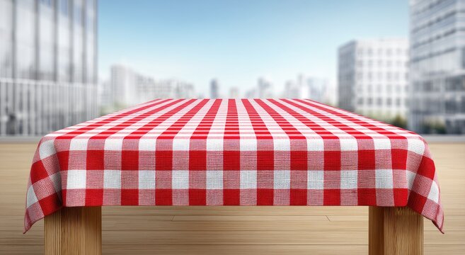 Red checkered tablecloth on wooden table, city view