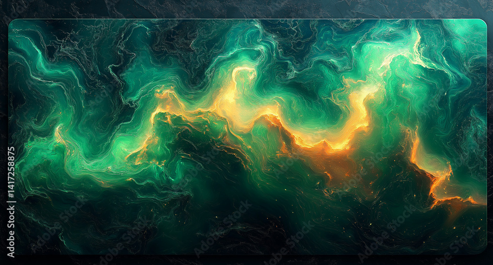 Poster futuristic black and green abstract pattern with neon liquid lines on white background for gaming mo