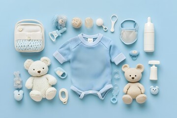 A curated collection of baby essentials, including a soft blue outfit, teddy bears, pacifiers, and other accessories for a new born baby, meticulously arranged on a serene light blue surface.