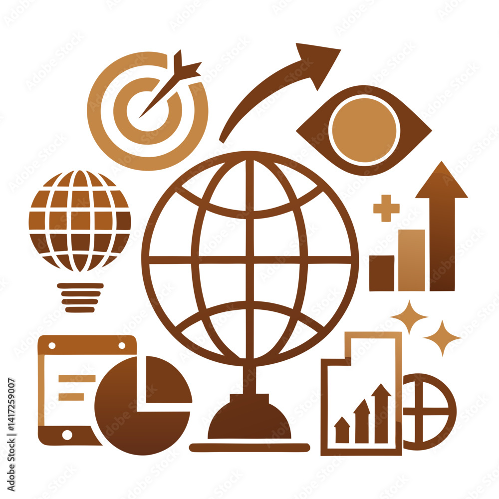 Poster global business strategy and data analytics icons set
