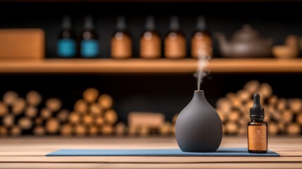 A grey diffuser emits a calming mist on a blue mat with oils and wood in the background