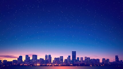 Night skyline of vibrant city with twinkling stars overhead