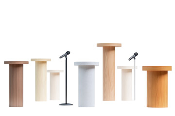Close up of various blank podium or speech stand isolated on white for presentation or event designs