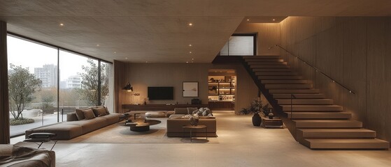 Modern living room interior with large window and staircase in neutral tones.