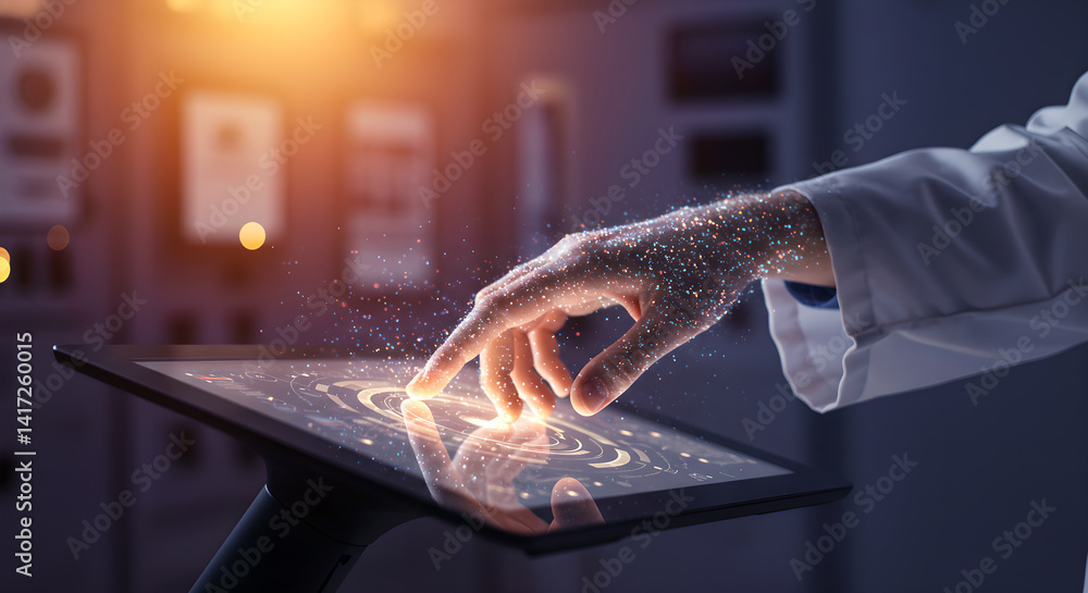 Poster caucasian hand touching digital tablet screen with abstract interface in scientific lab. medical tec