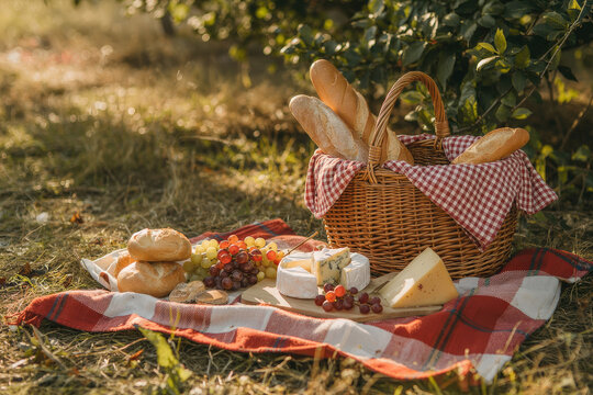 Rustic summer picnic with cheese board, grapes, and bread in a wicker basket on a checkered blanket outdoors