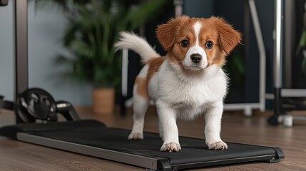 Puppy exercising on treadmill home gym animal photography indoor space close-up fitness routine