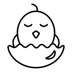 Obraz premium This is a simple line drawing of a cute chick hatching from an egg. The chick has a round head with closed, curved eyes, a small beak, and a tiny tuft of feathers on its head. It is emerging from a cr