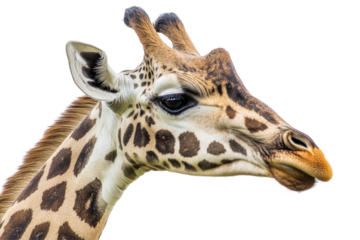 A gentle giraffe gazes ahead with long neck and expressive eyes in a detailed close up