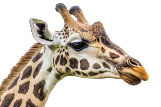 A gentle giraffe gazes ahead with long neck and expressive eyes in a detailed close up