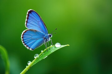 Obraz premium A single blue butterfly perched on a green stem with dew drops, insect, botanical